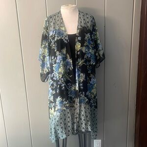 Boho Floral Black Green Blue Duster Long Jacket Cardigan Lightweight Women's